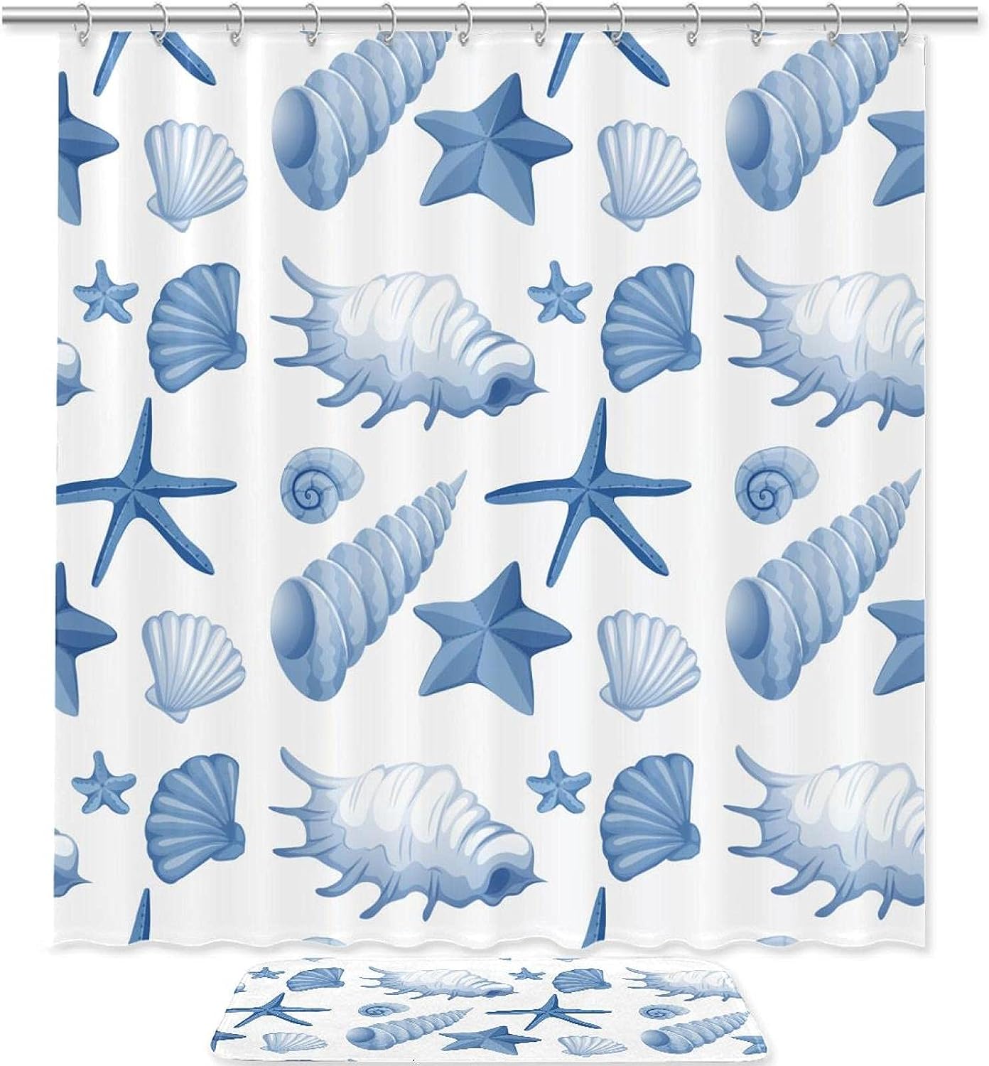 Blue Seashells Conch Pattern Waterproof Bathroom Shower Curtain - Bathroom Decor