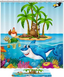 Blue Sharks Shower Curtain in Waterproof Fabric for Bathroom Decoration