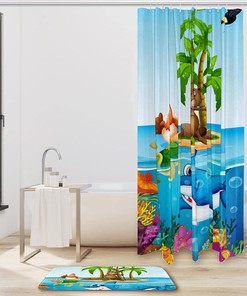 Blue Sharks Shower Curtain in Waterproof Fabric for Bathroom Decoration
