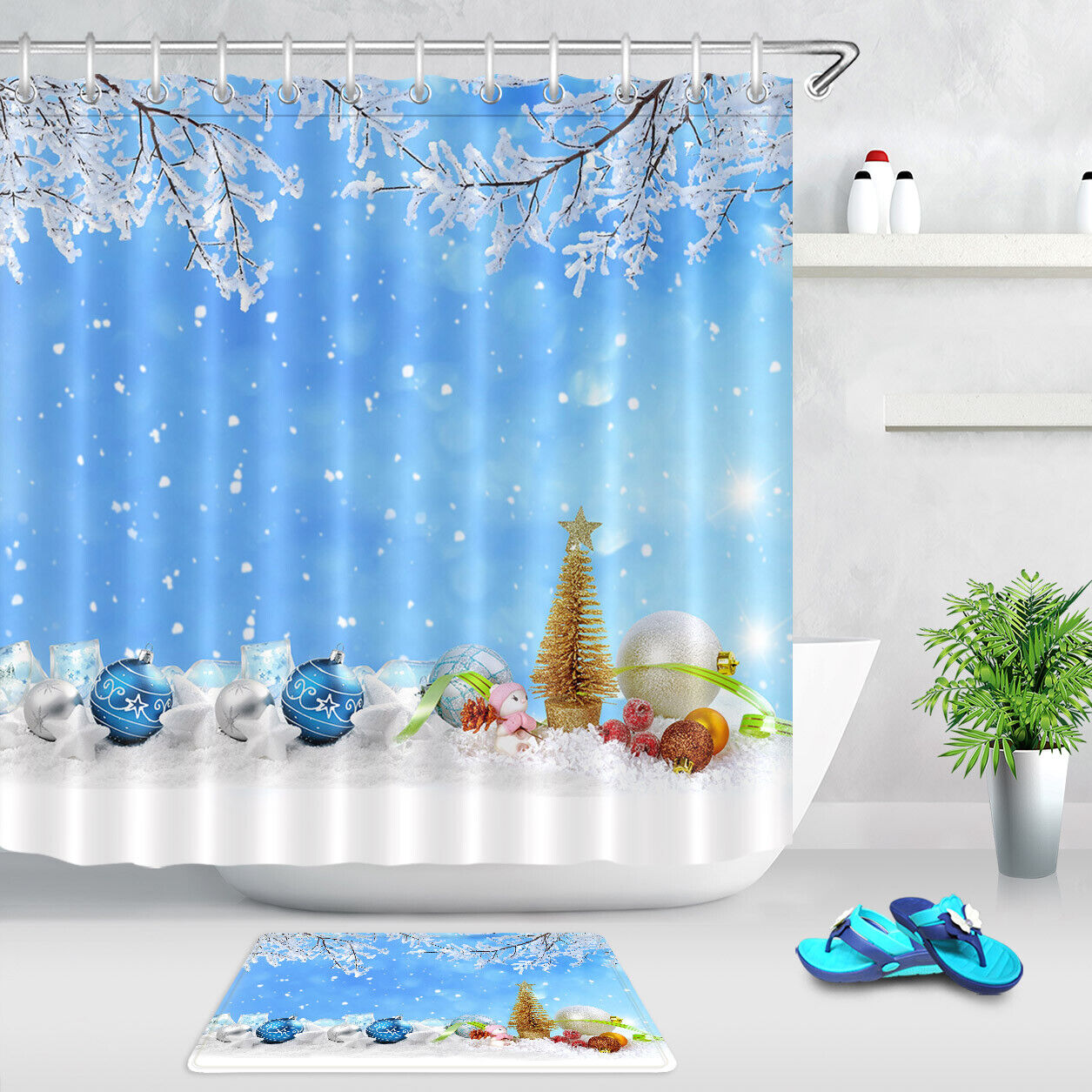 Blue Sky Xmas Ball Snowflake Shower Curtain - Bathroom Decor