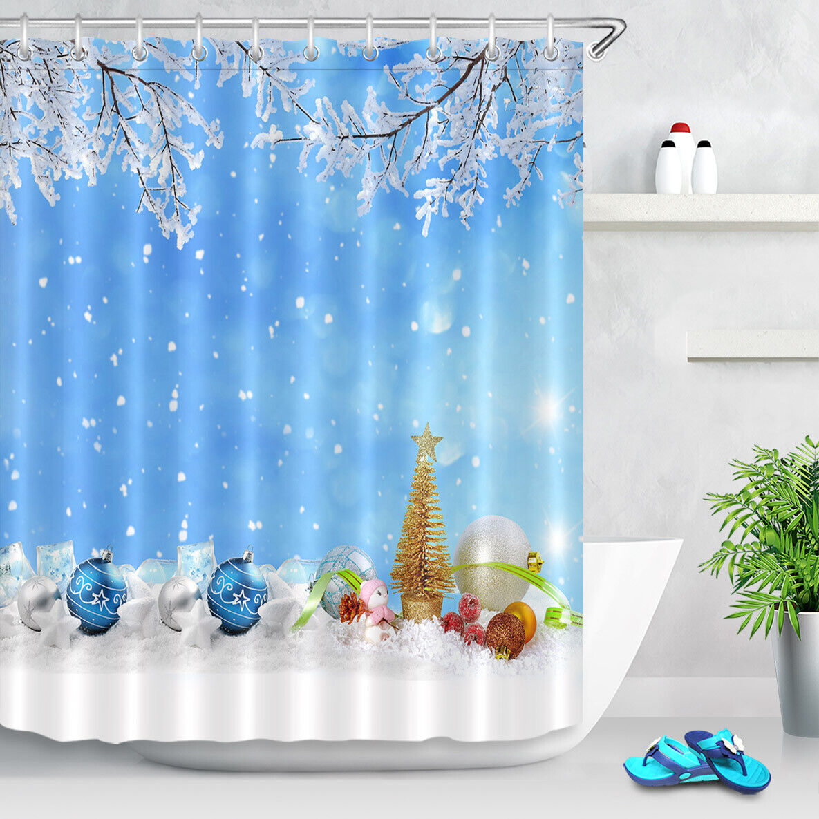 Blue Sky Xmas Ball Snowflake Shower Curtain - Bathroom Decor