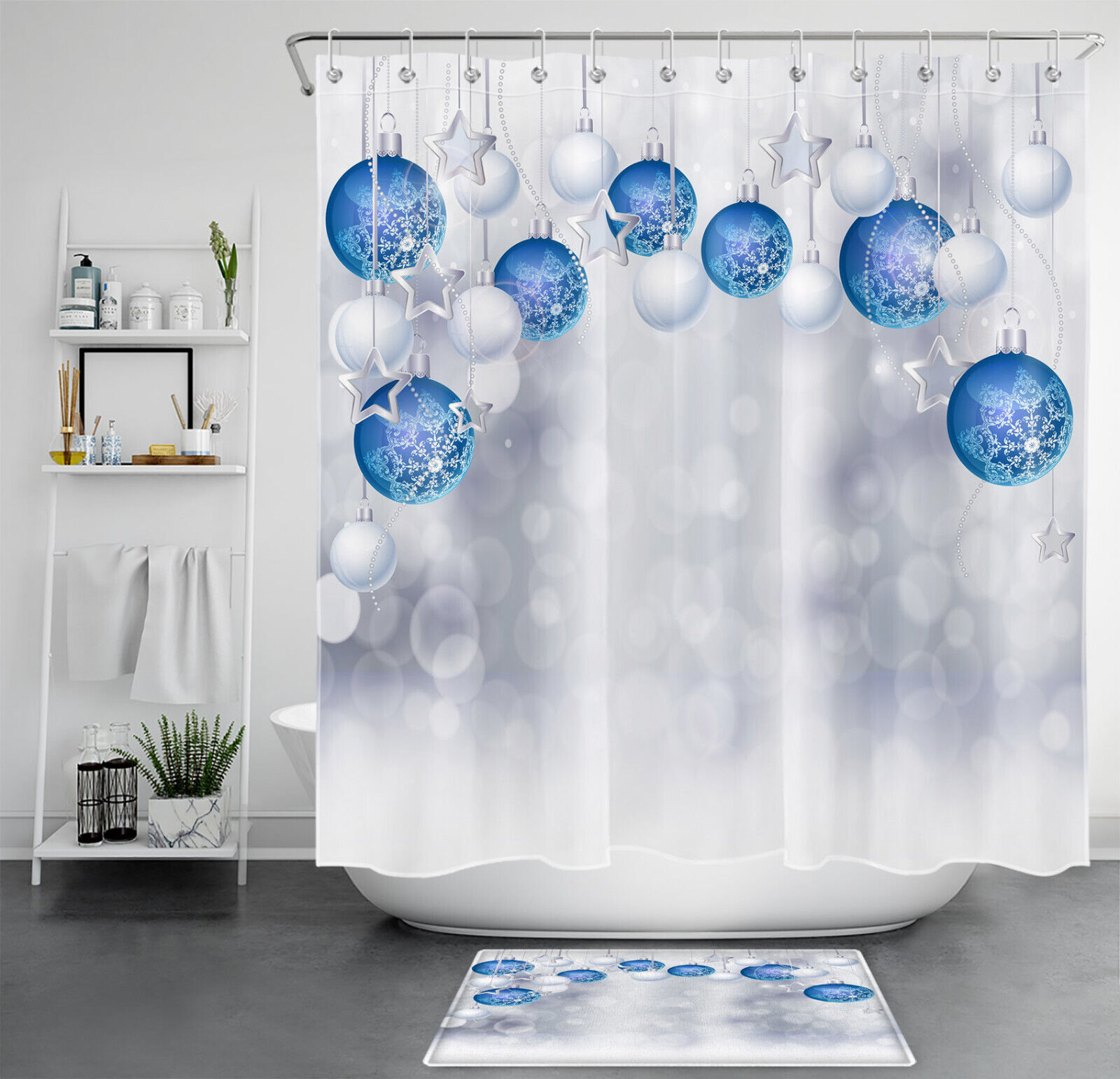 Blue Snowflake Xmas Ball Merry Christmas Shower Curtain - Christmas and Bathroom Decor