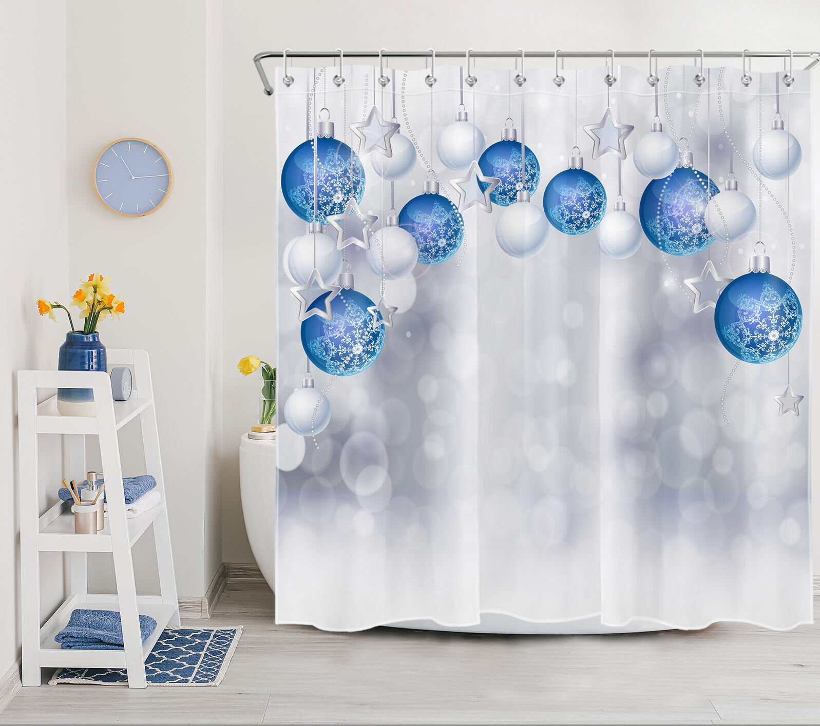 Blue Snowflake Xmas Ball Merry Christmas Shower Curtain - Christmas and Bathroom Decor