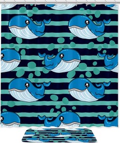 Blue Stripe Bubble Whale Printing Waterproof Fabric Bathroom Shower Curtain 