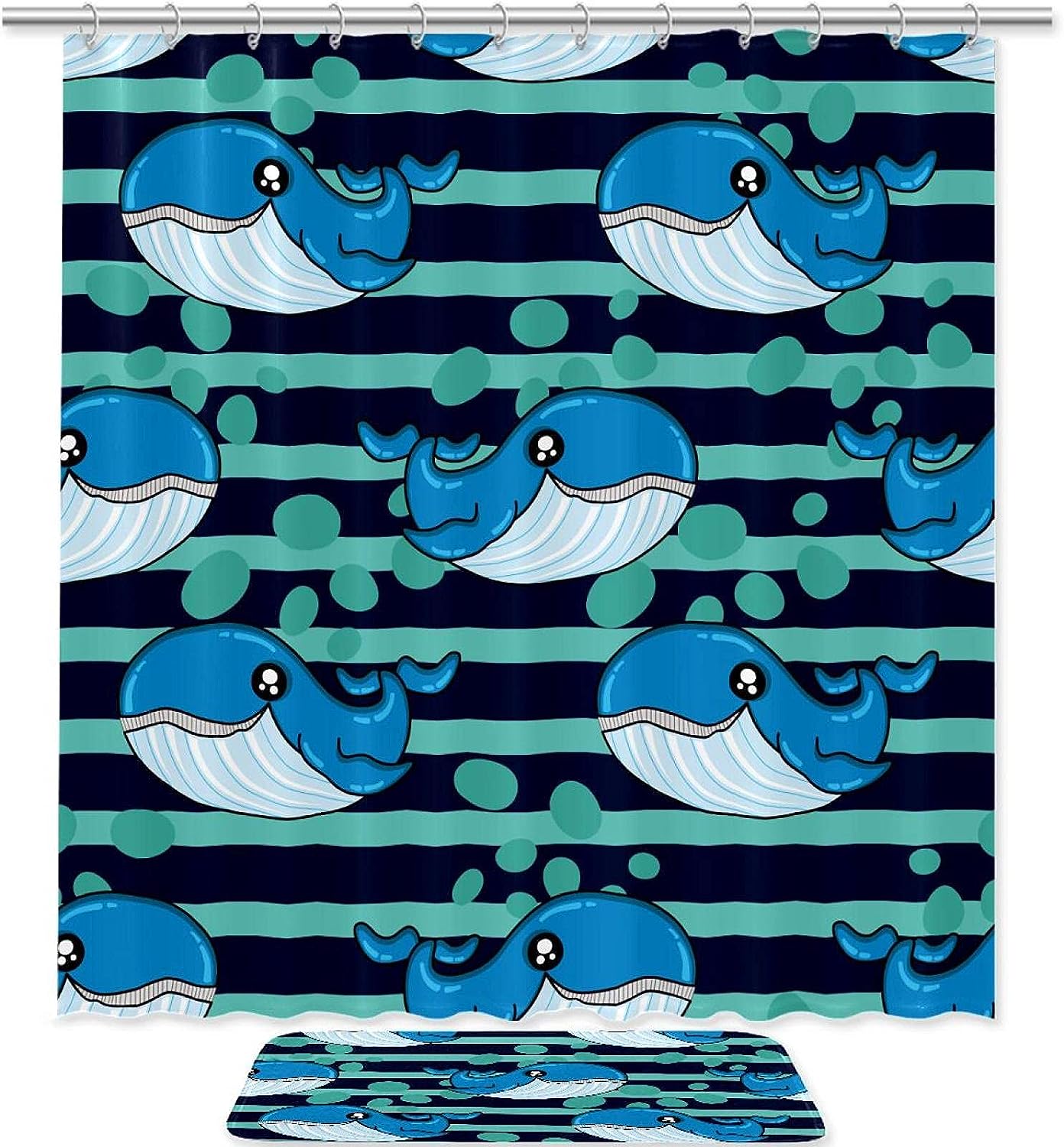 Blue Stripe Bubble Whale Printing Waterproof Fabric Bathroom Shower Curtain