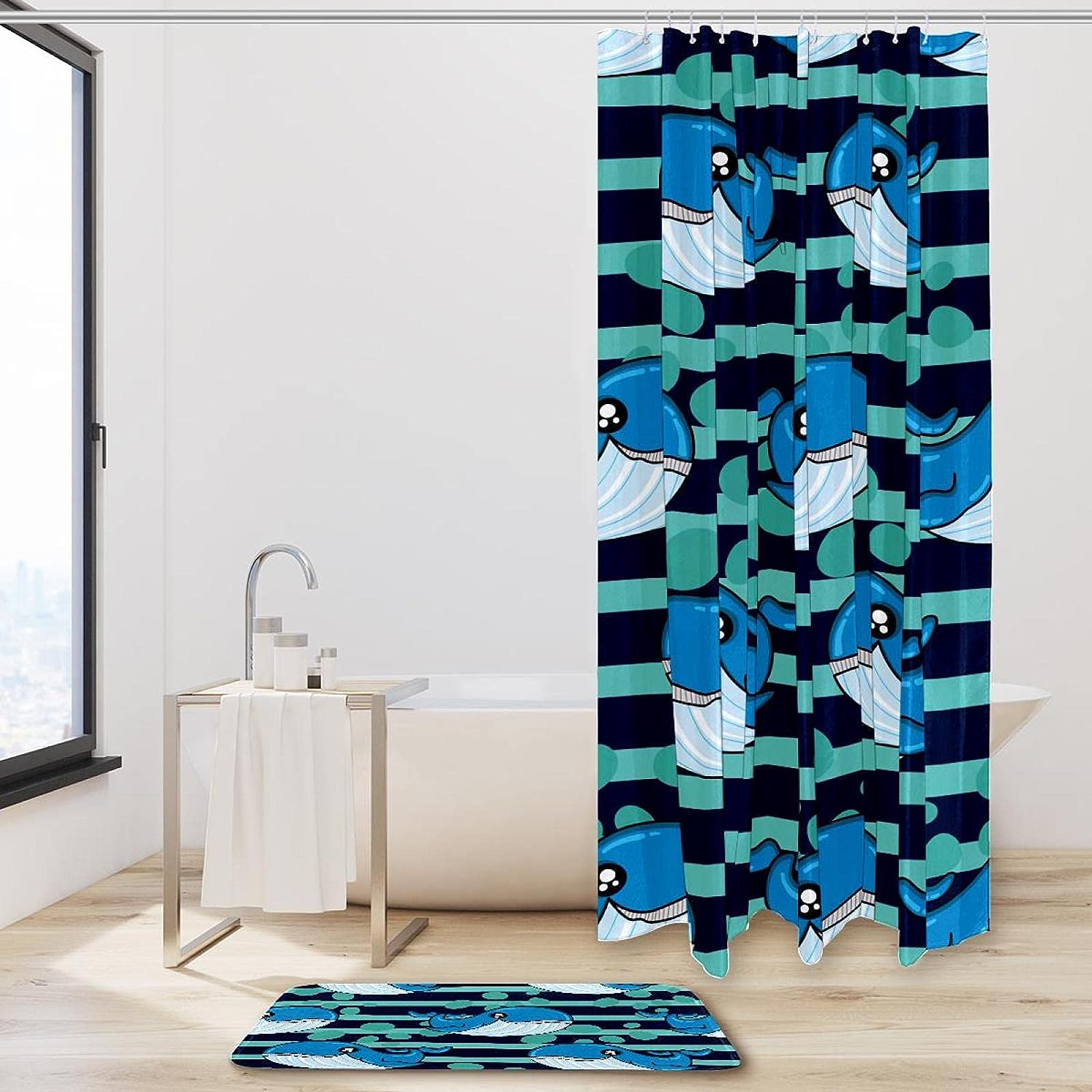Blue Stripe Bubble Whale Printing Waterproof Fabric Bathroom Shower Curtain