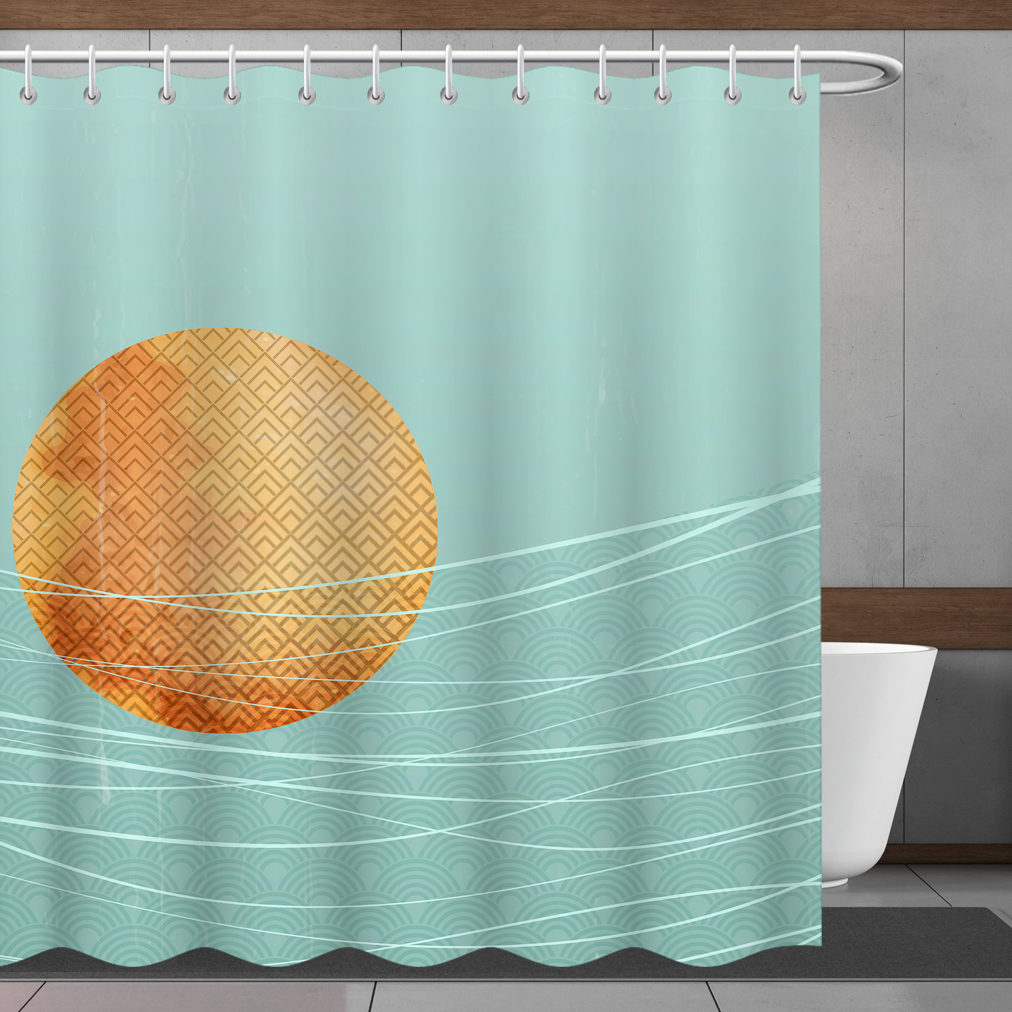Blue Sun Line Shower Curtain in Modern Minimalistic Style, Perfect for Bathtub Decor - Bathroom Curtain