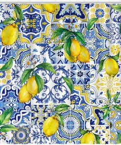 Blue Tiles Lemon Fruit Shower Curtain Summer Bathroom Decor