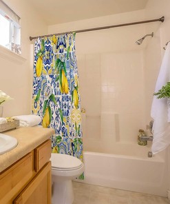 Blue Tiles Lemon Fruit Shower Curtain Summer Bathroom Decor