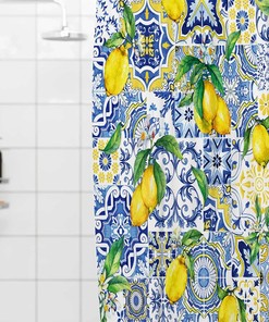 Blue Tiles Lemon Fruit Shower Curtain Summer Bathroom Decor