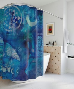 Blue Turquoise Boho Moon Shower Curtain with Modern Mandala Om Symbol - Bathroom and Home Decor