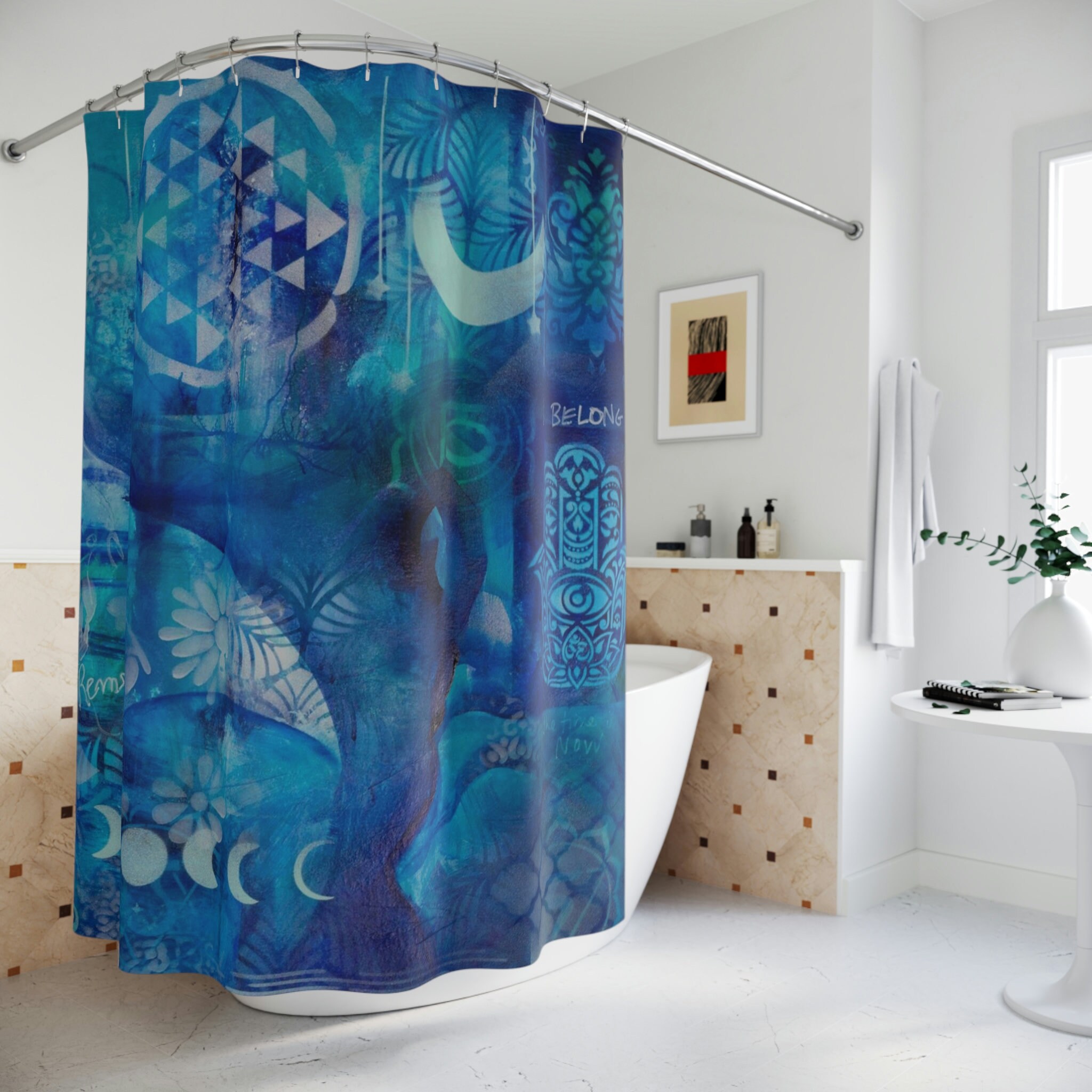 Blue Turquoise Boho Moon Shower Curtain with Modern Mandala Om Symbol - Bathroom and Home Decor