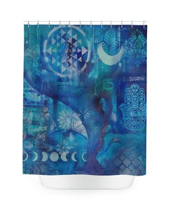 Blue Turquoise Boho Moon Shower Curtain with Modern Mandala Om Symbol - Bathroom and Home Decor
