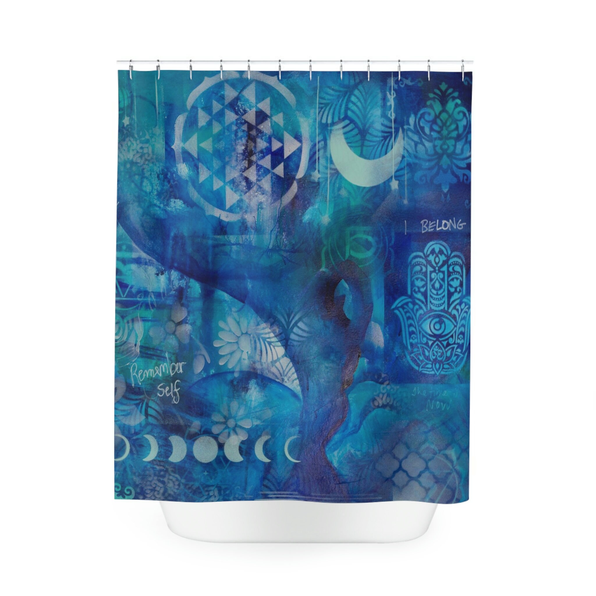 Blue Turquoise Boho Moon Shower Curtain with Modern Mandala Om Symbol - Bathroom and Home Decor