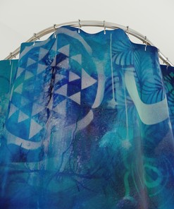 Blue Turquoise Boho Moon Shower Curtain with Modern Mandala Om Symbol - Bathroom and Home Decor