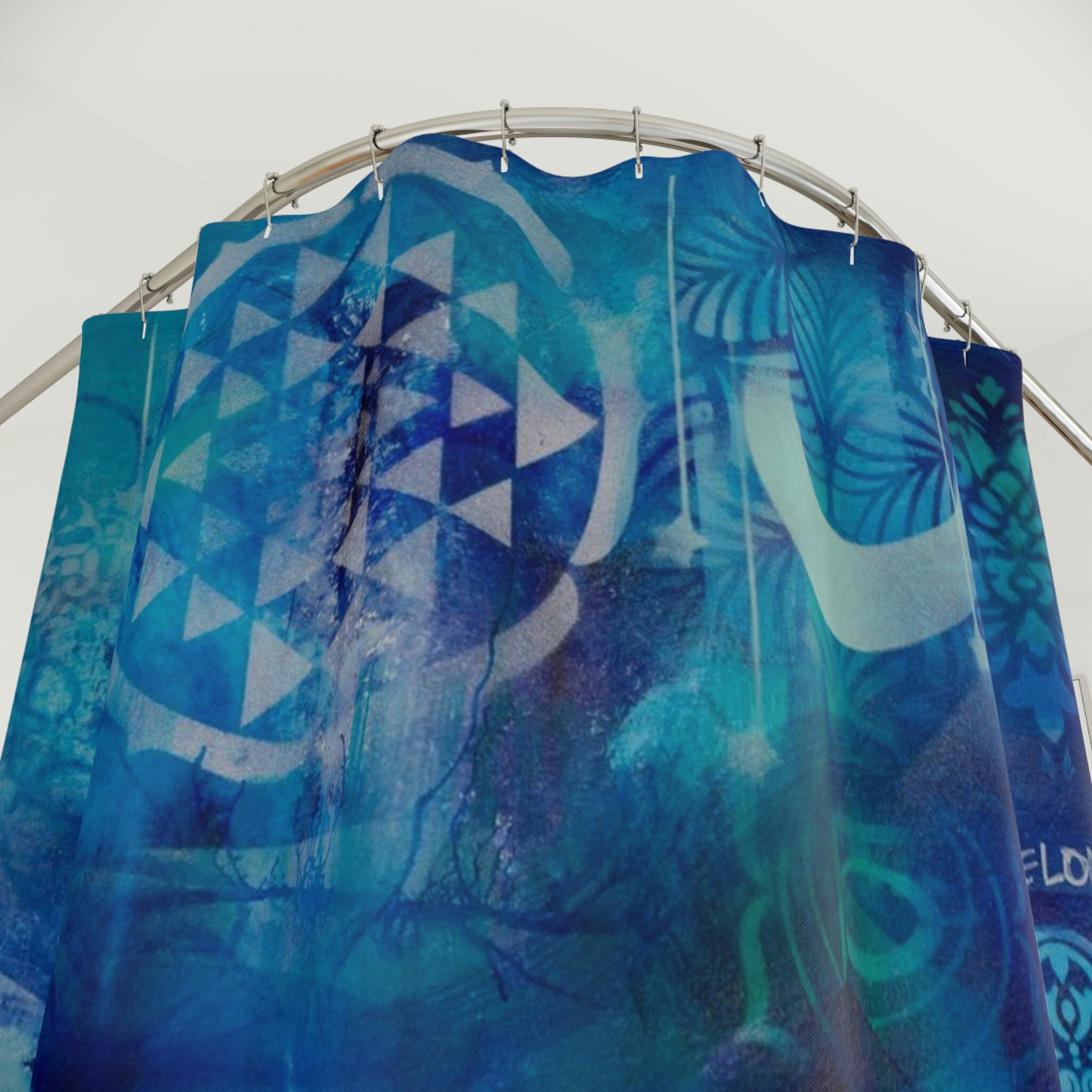 Blue Turquoise Boho Moon Shower Curtain with Modern Mandala Om Symbol - Bathroom and Home Decor