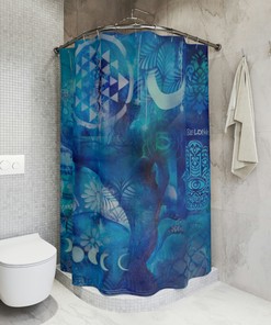 Blue Turquoise Boho Moon Shower Curtain with Modern Mandala Om Symbol - Bathroom and Home Decor