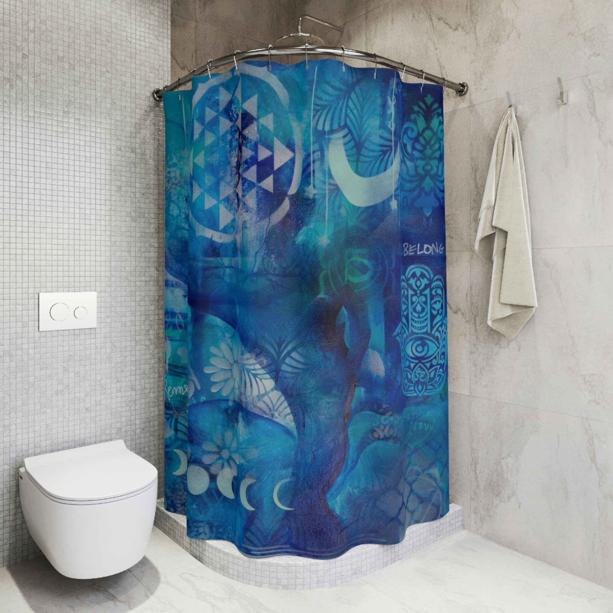 Blue Turquoise Boho Moon Shower Curtain with Modern Mandala Om Symbol - Bathroom and Home Decor