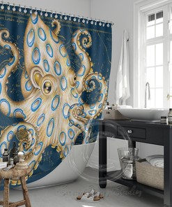 Blue Vintage Map Shower Curtain - Ring Octopus Tentacles Ink Art Design for Bathroom