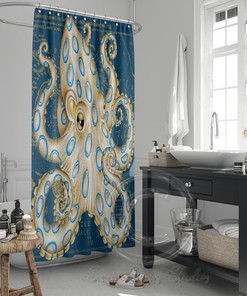 Blue Vintage Map Shower Curtain - Ring Octopus Tentacles Ink Art Design for Bathroom