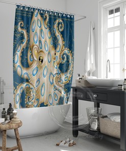 Blue Vintage Map Shower Curtain - Ring Octopus Tentacles Ink Art Design for Bathroom
