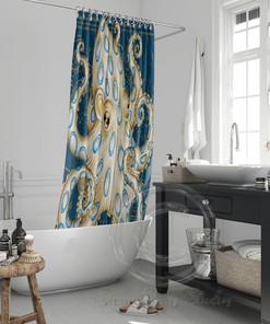 Blue Vintage Map Shower Curtain - Ring Octopus Tentacles Ink Art Design for Bathroom