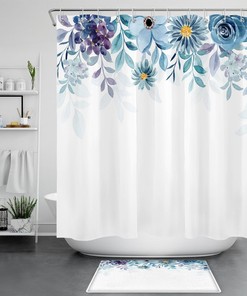 Blue Watercolor Flower Botanical Floral Shower Curtain - Bathroom and Home Decor