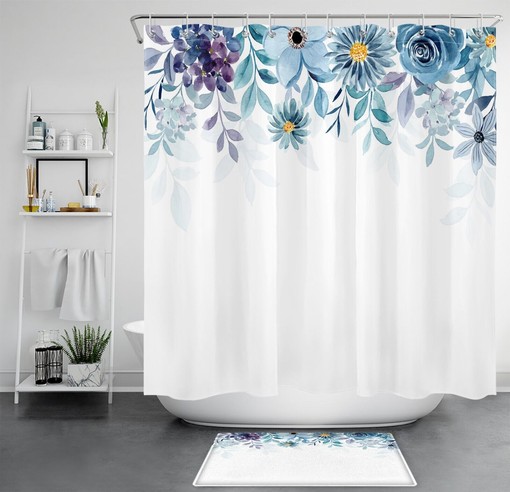 Blue Watercolor Flower Botanical Floral Shower Curtain - Bathroom and Home Decor