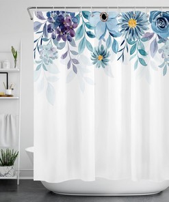 Blue Watercolor Flower Botanical Floral Shower Curtain - Bathroom and Home Decor