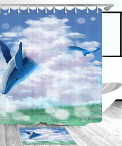 Blue Whale Jumping Clouds Fabric Shower Curtain - Ocean and Bathroom Decor