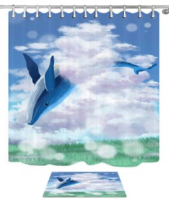 Blue Whale Jumping Clouds Fabric Shower Curtain - Ocean and Bathroom Decor