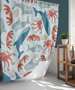 Blue Whale and Octopus Underwater World Shower Curtain - Ocean and Bathroom Decor