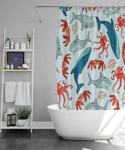 Blue Whale and Octopus Underwater World Shower Curtain - Ocean and Bathroom Decor
