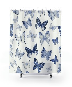Blue and White Boho Butterfly Shower Curtain for Classic Farmhouse Vibes 