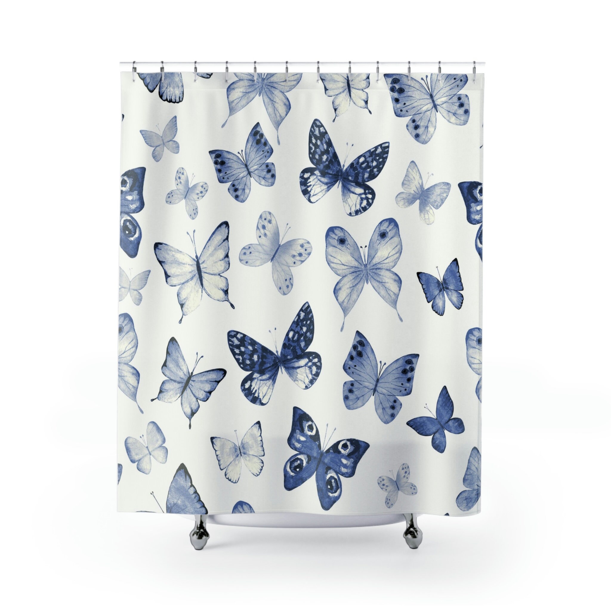 Blue and White Boho Butterfly Shower Curtain for Classic Farmhouse Vibes