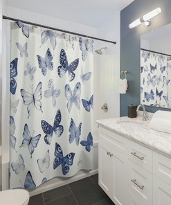 Blue and White Boho Butterfly Shower Curtain for Classic Farmhouse Vibes