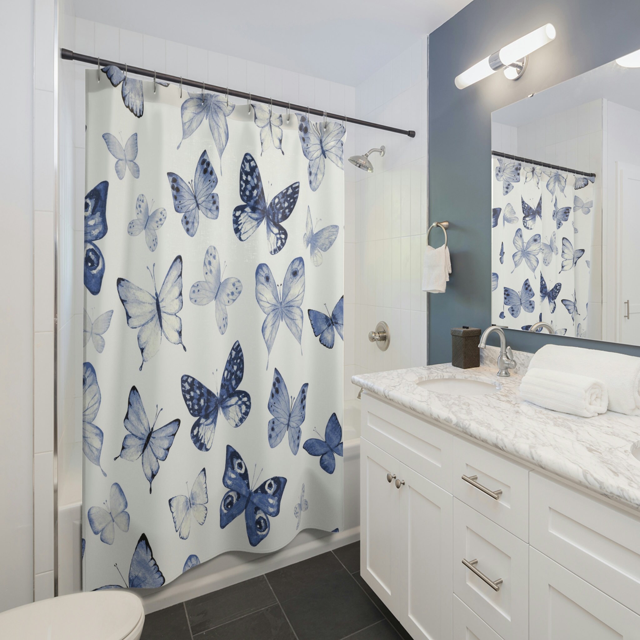 Blue and White Boho Butterfly Shower Curtain for Classic Farmhouse Vibes