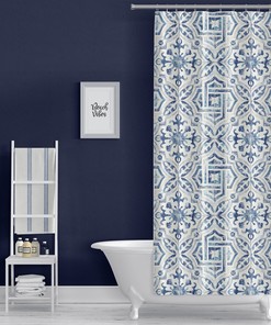 Blue and White Tile Mosaic Boho Shower Curtain, Modern Farmhouse Bathroom Ideas
