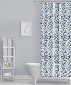 Blue and White Tile Mosaic Boho Shower Curtain, Modern Farmhouse Bathroom Ideas