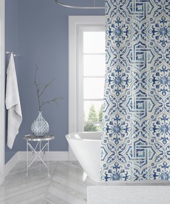 Blue and White Tile Mosaic Boho Shower Curtain, Modern Farmhouse Bathroom Ideas