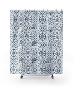 Blue and White Tile Mosaic Boho Shower Curtain, Modern Farmhouse Bathroom Ideas