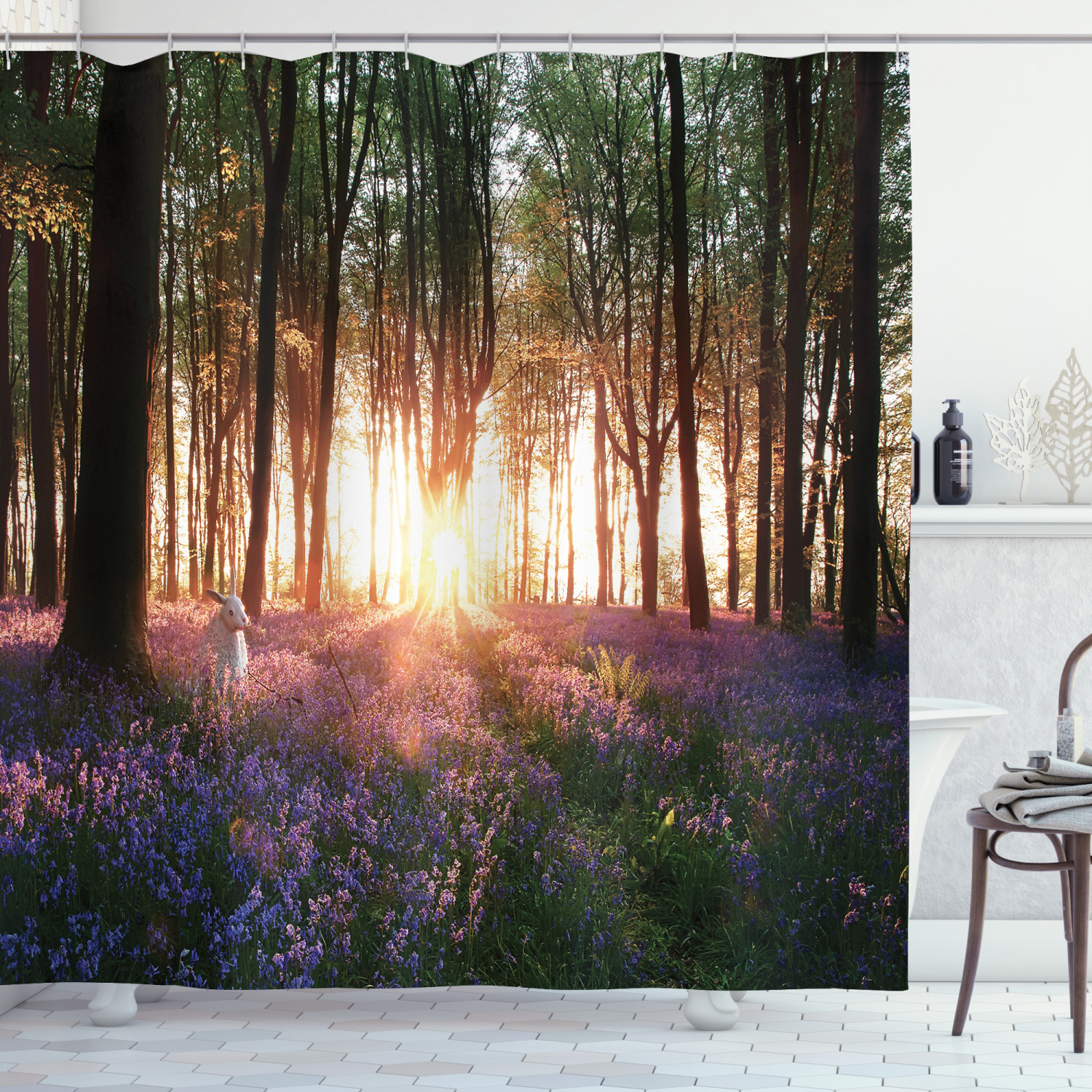 Bluebell Woods Sunrise Rabbit Spring Shower Curtain for Bathroom Decor