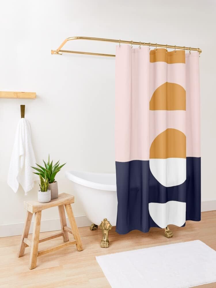 Blush Pink Orange Dark Blue Geometric Pattern Shower Curtain for Modern Bathroom