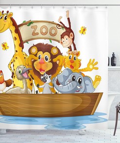 Boat Animals Cartoon Shower Curtain, Zoo Theme Lion Giraffe Monkey Print in Multicolor Bathroom Decor