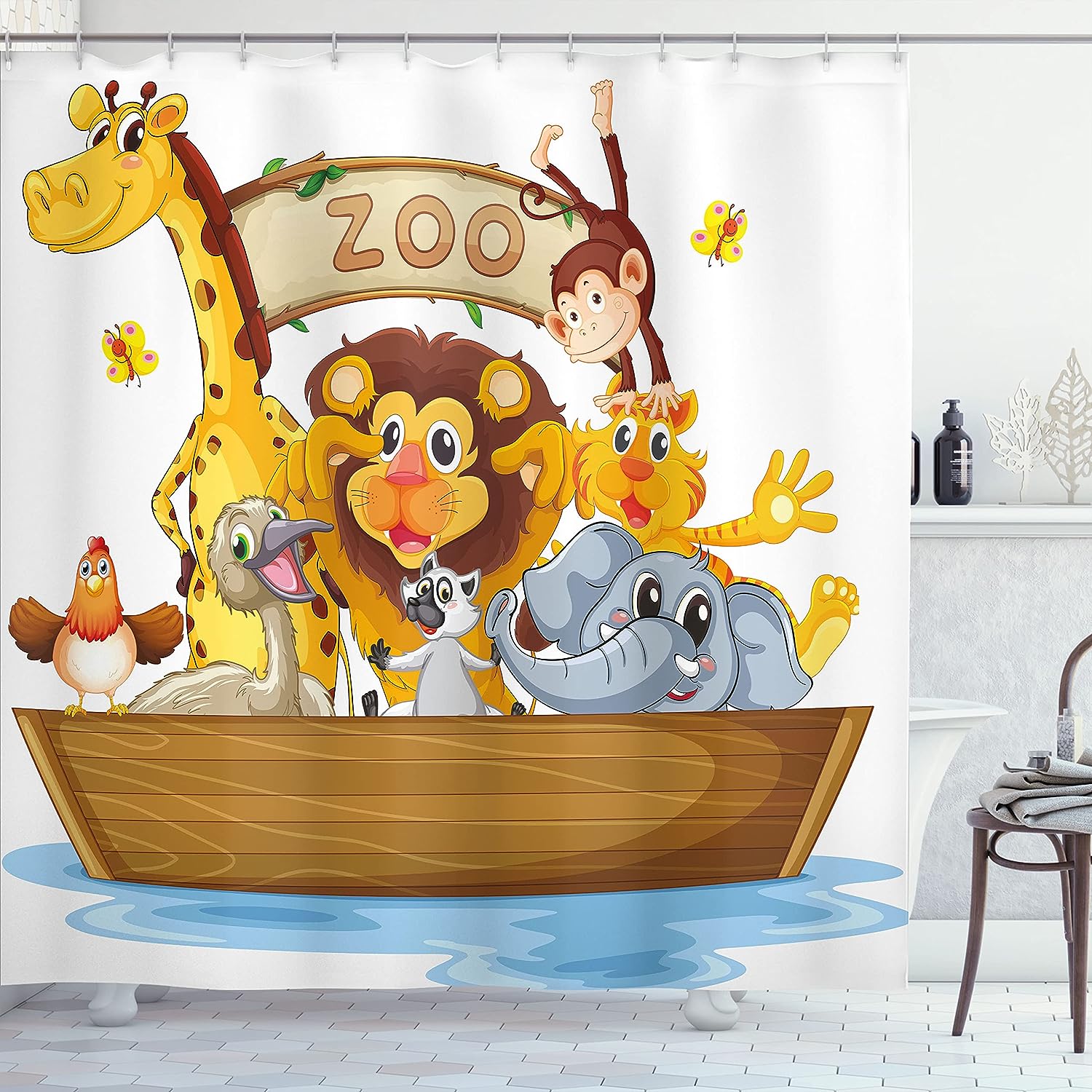 Boat Animals Cartoon Shower Curtain, Zoo Theme Lion Giraffe Monkey Print in Multicolor Bathroom Decor