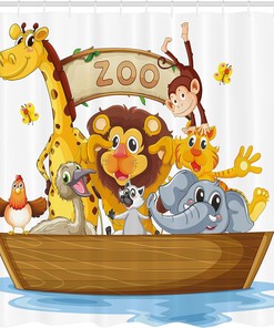 Boat Animals Cartoon Shower Curtain, Zoo Theme Lion Giraffe Monkey Print in Multicolor Bathroom Decor