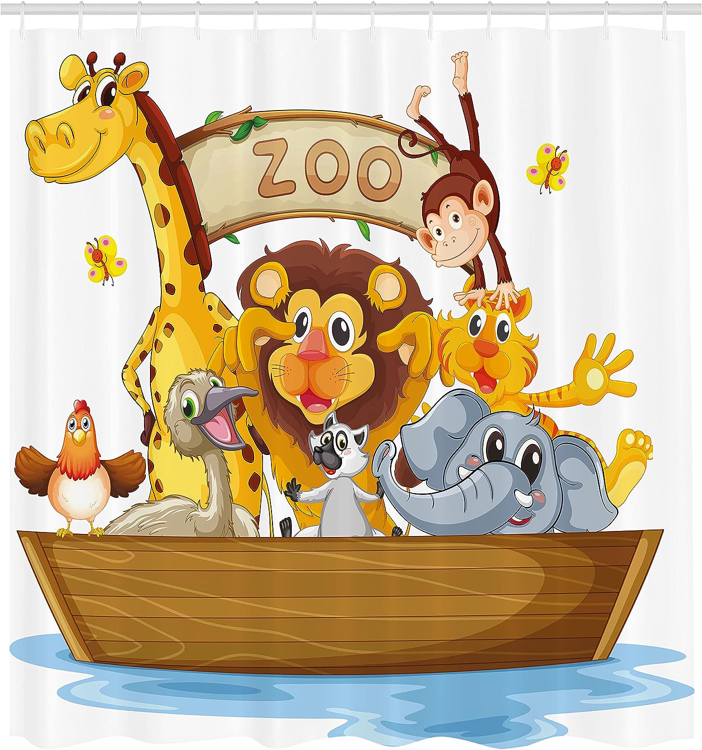 Boat Animals Cartoon Shower Curtain, Zoo Theme Lion Giraffe Monkey Print in Multicolor Bathroom Decor