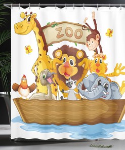 Boat Animals Cartoon Shower Curtain, Zoo Theme Lion Giraffe Monkey Print in Multicolor Bathroom Decor