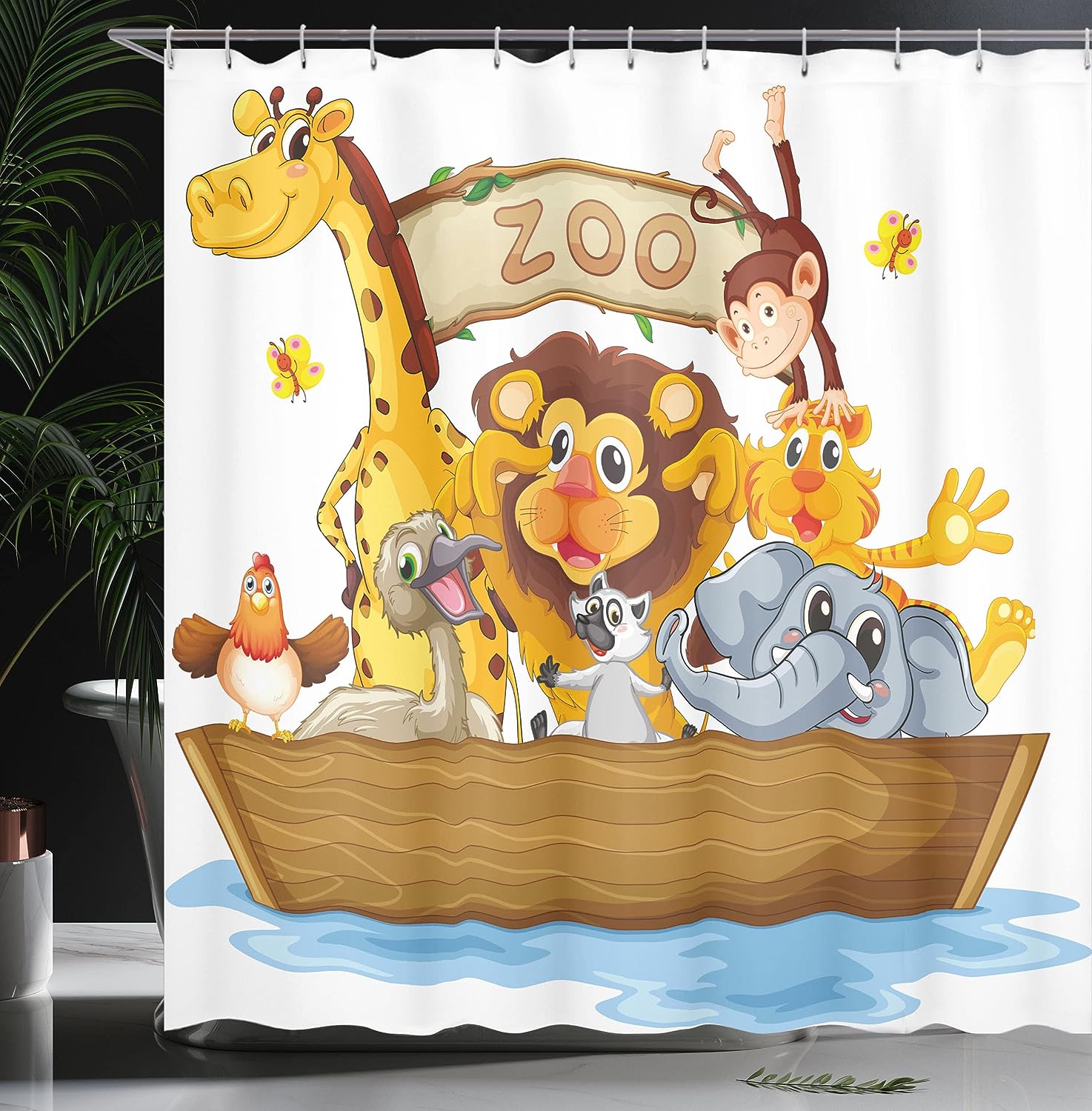 Boat Animals Cartoon Shower Curtain, Zoo Theme Lion Giraffe Monkey Print in Multicolor Bathroom Decor