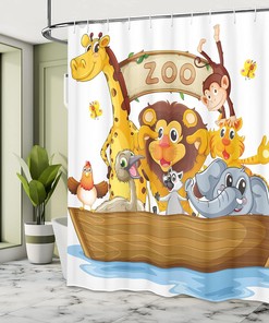 Boat Animals Cartoon Shower Curtain, Zoo Theme Lion Giraffe Monkey Print in Multicolor Bathroom Decor